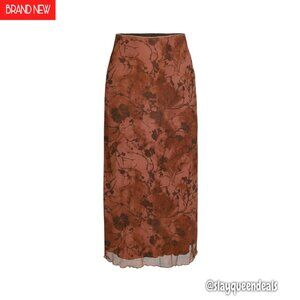 High Waist Mesh Midi Skirt Floral Design Stretchy Polyester Spandex